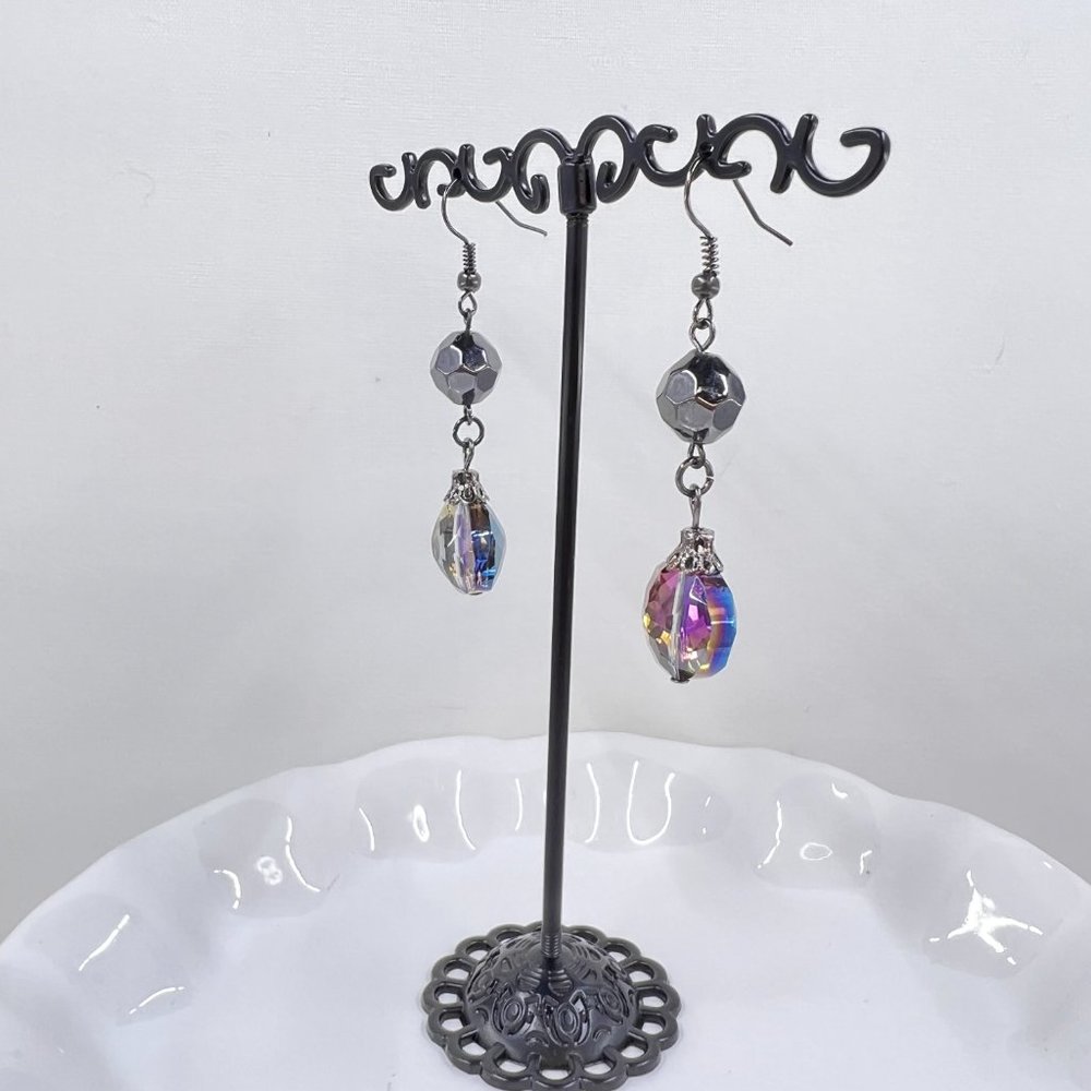 New / Handcrafted - Iridescent Faceted Crystal Drop Black Tone Fishhook Earrings - Picture 4 of 7